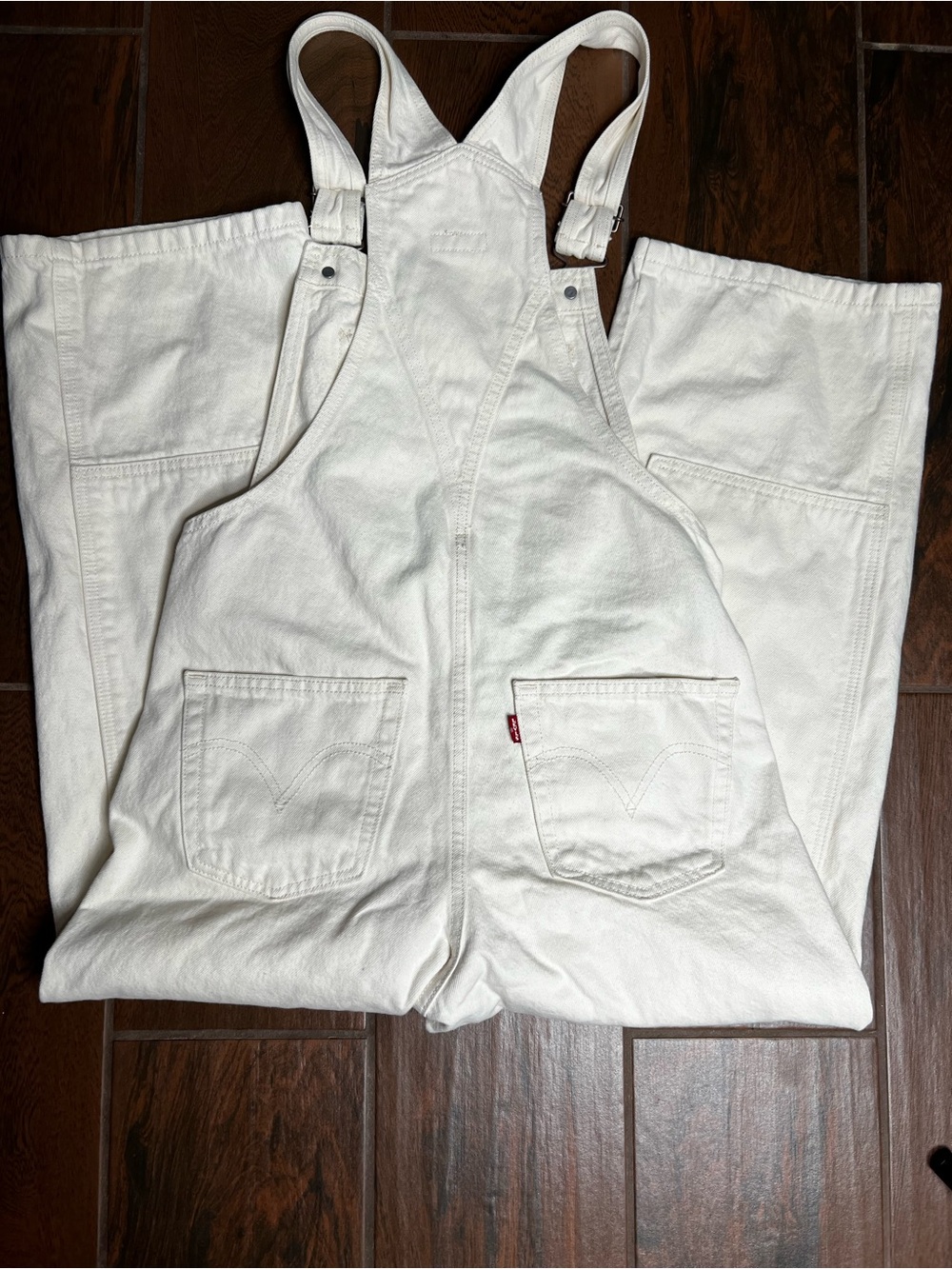 Levi’s Premium Cream Wide Leg Utility Overalls Large Double Knee Dungarees - Picture 7 of 9